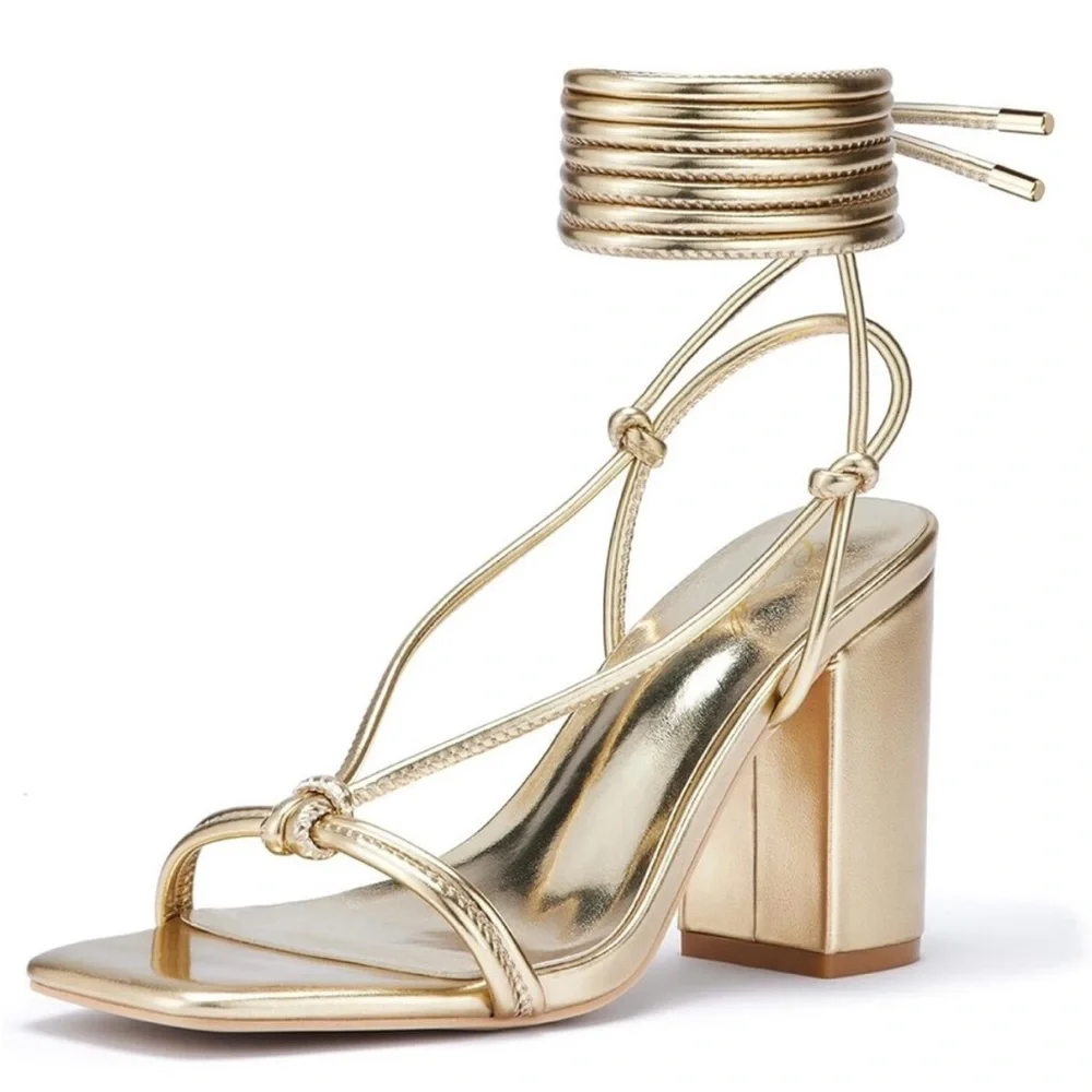 Gold Elegant Strappy Heels Square Toed Sandals
